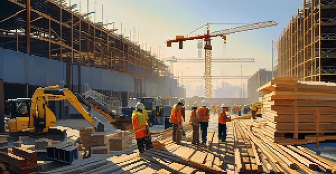A construction site during golden hour with workers in safety gear and various construction materials.