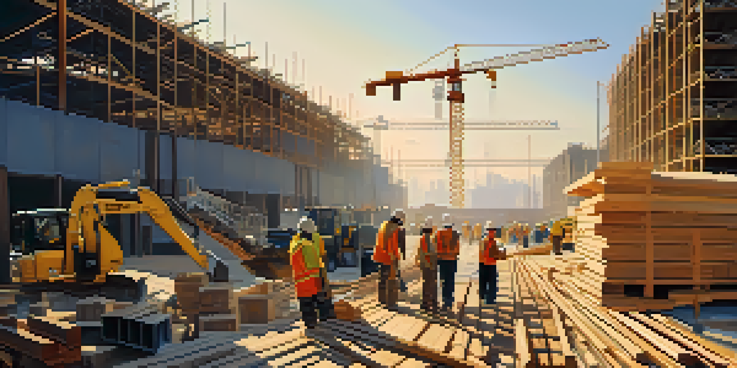 A construction site during golden hour with workers in safety gear and various construction materials.