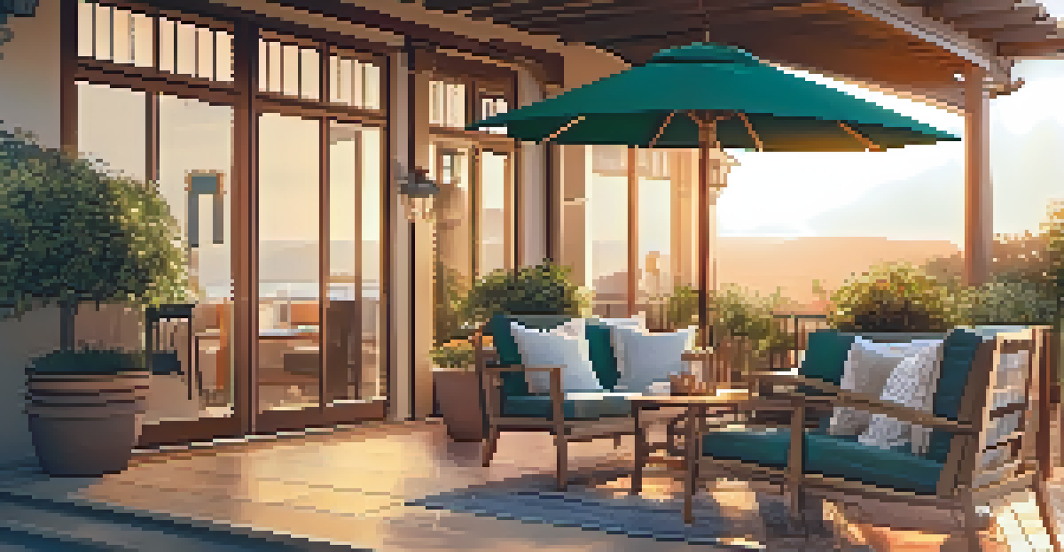 An outdoor patio with comfortable seating, an umbrella, and potted plants, illuminated by a warm sunset glow.
