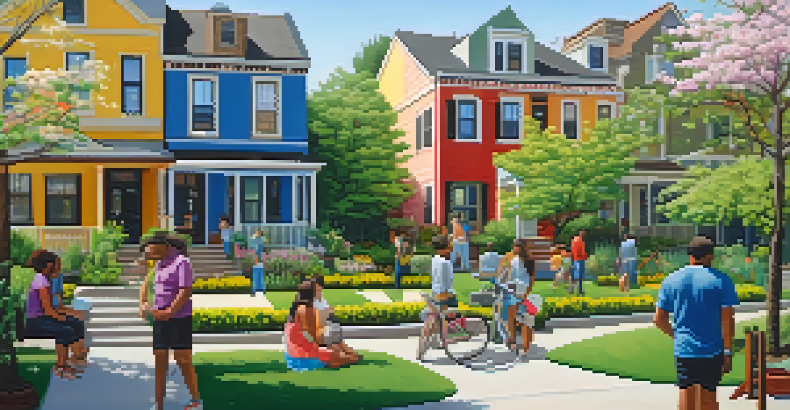 A vibrant neighborhood with diverse houses, greenery, and people enjoying a community park.