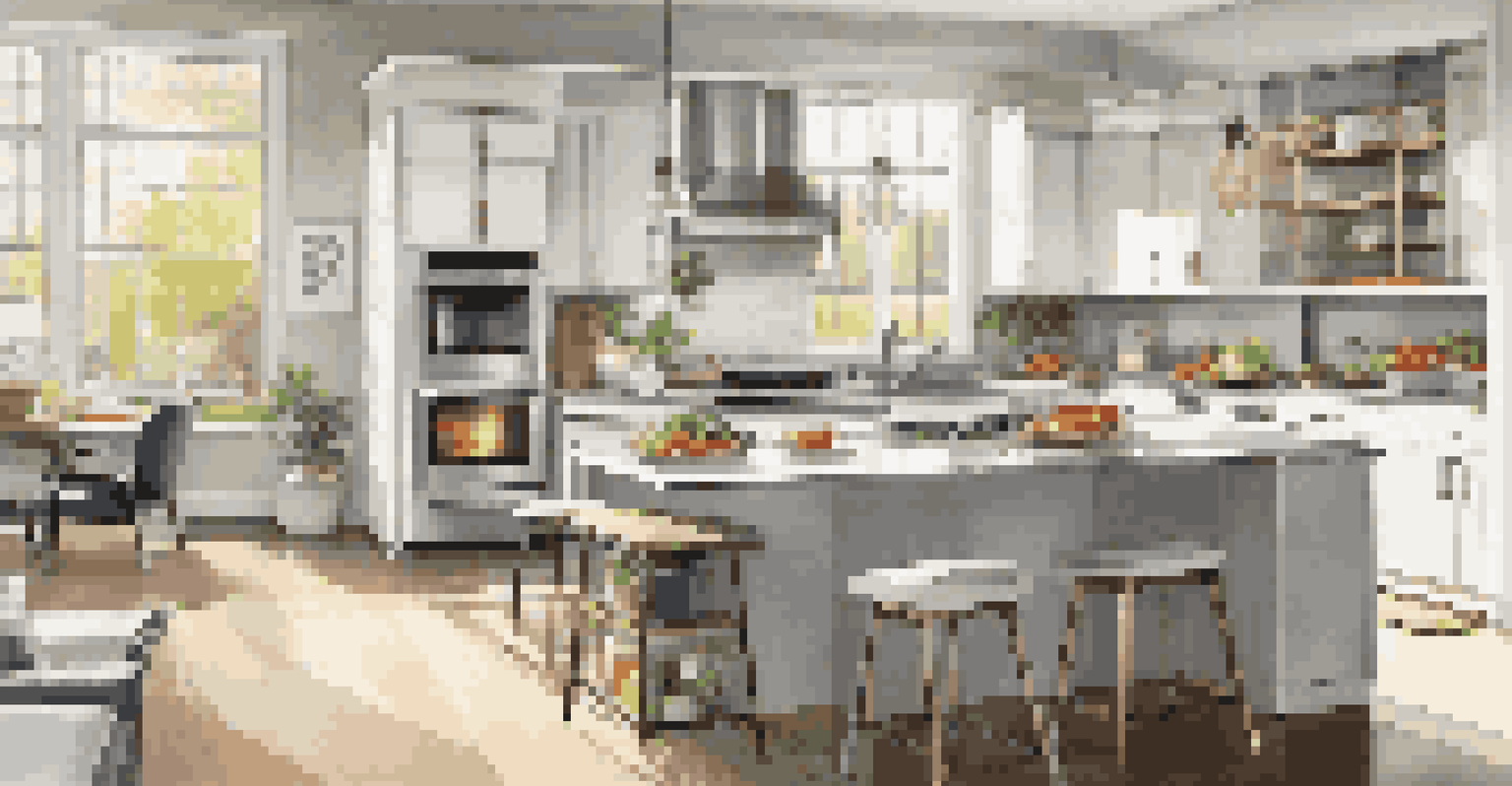 A modern kitchen with Energy Star-rated appliances, bright sunlight reflecting off stainless steel surfaces, and fresh ingredients on the countertop.