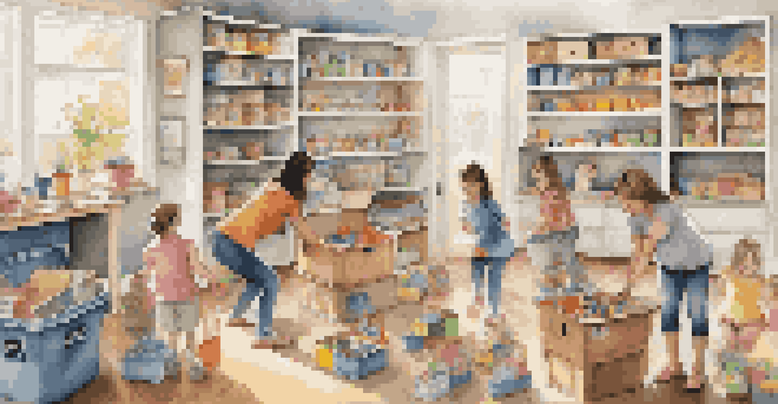 A family working together to organize a room with children sorting toys and adults arranging shelves in a colorful environment.