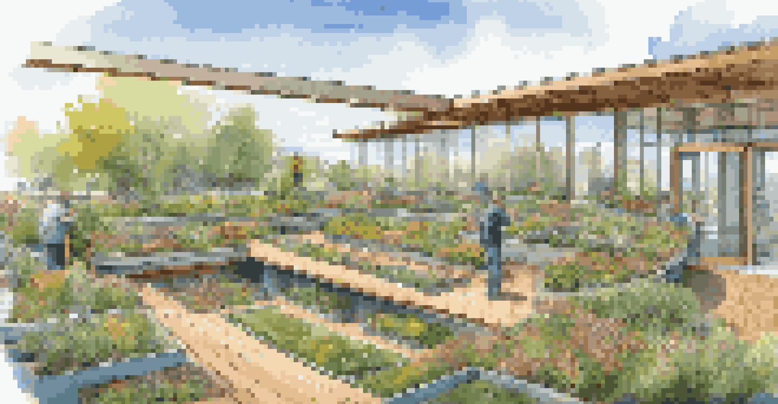 A recreational green roof with trees, shrubs, and a seating area, under a bright blue sky, with a person watering plants.