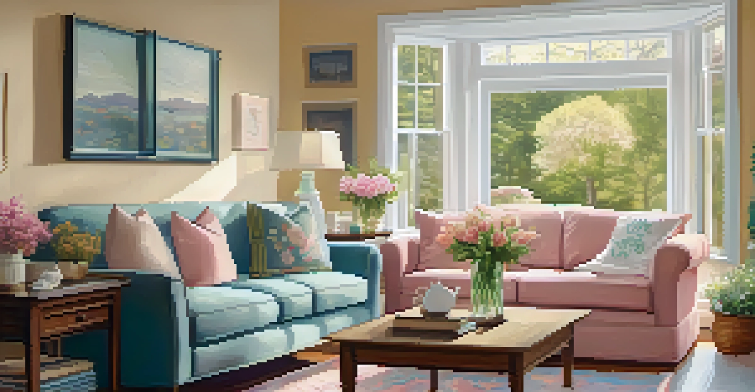 A bright and cozy living room decorated for spring with family members decluttering and organizing.