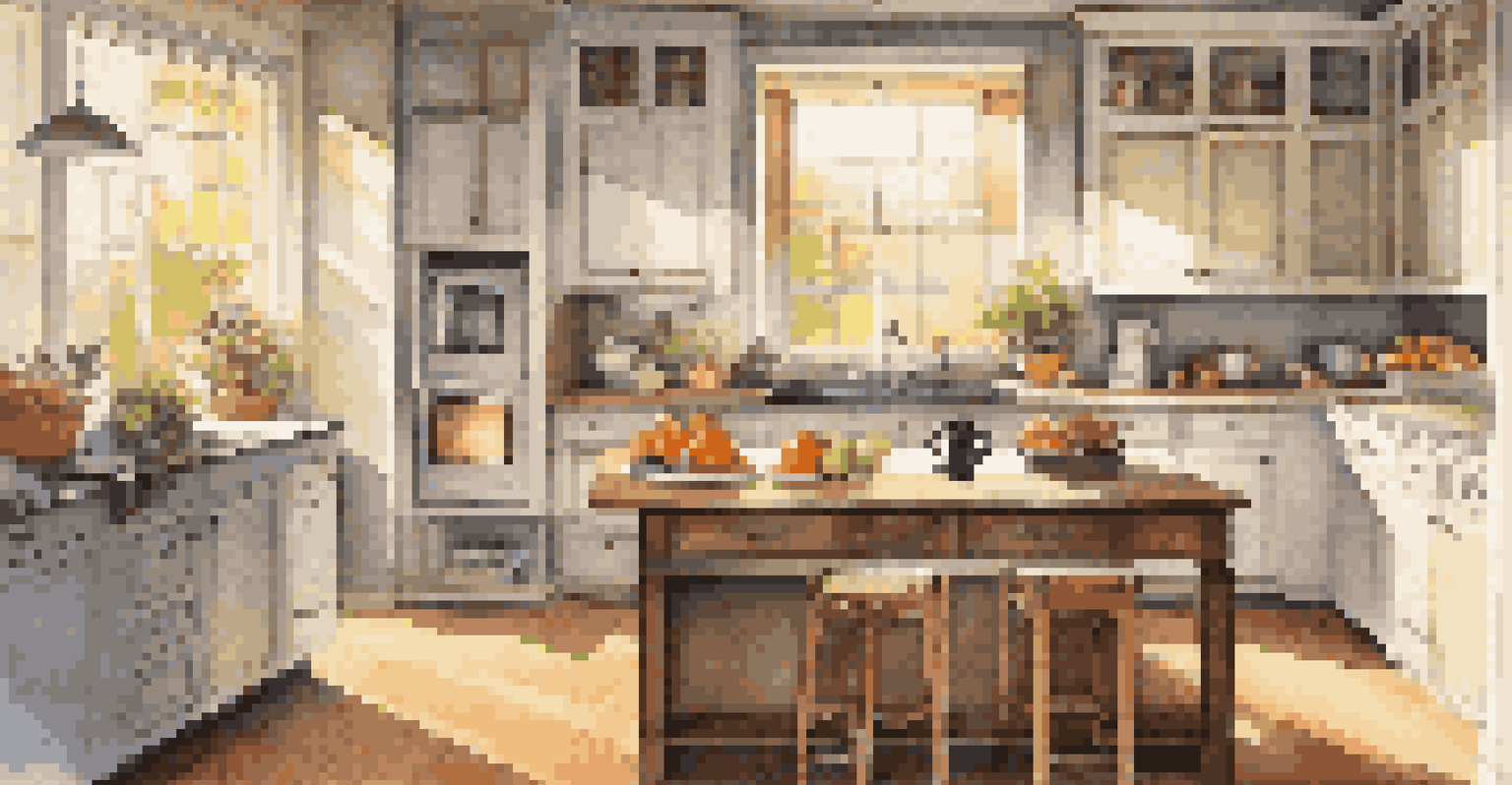 A bright kitchen with sleek cabinets, a central island, and sunlight illuminating the countertops with fresh fruits.
