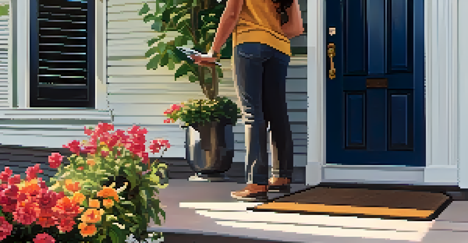 A homeowner installing a smart doorbell camera on a front porch with flowers around.