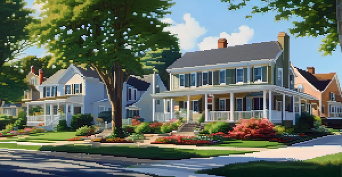 A peaceful suburban neighborhood with well-kept homes, green lawns, and colorful flowers under a blue sky.