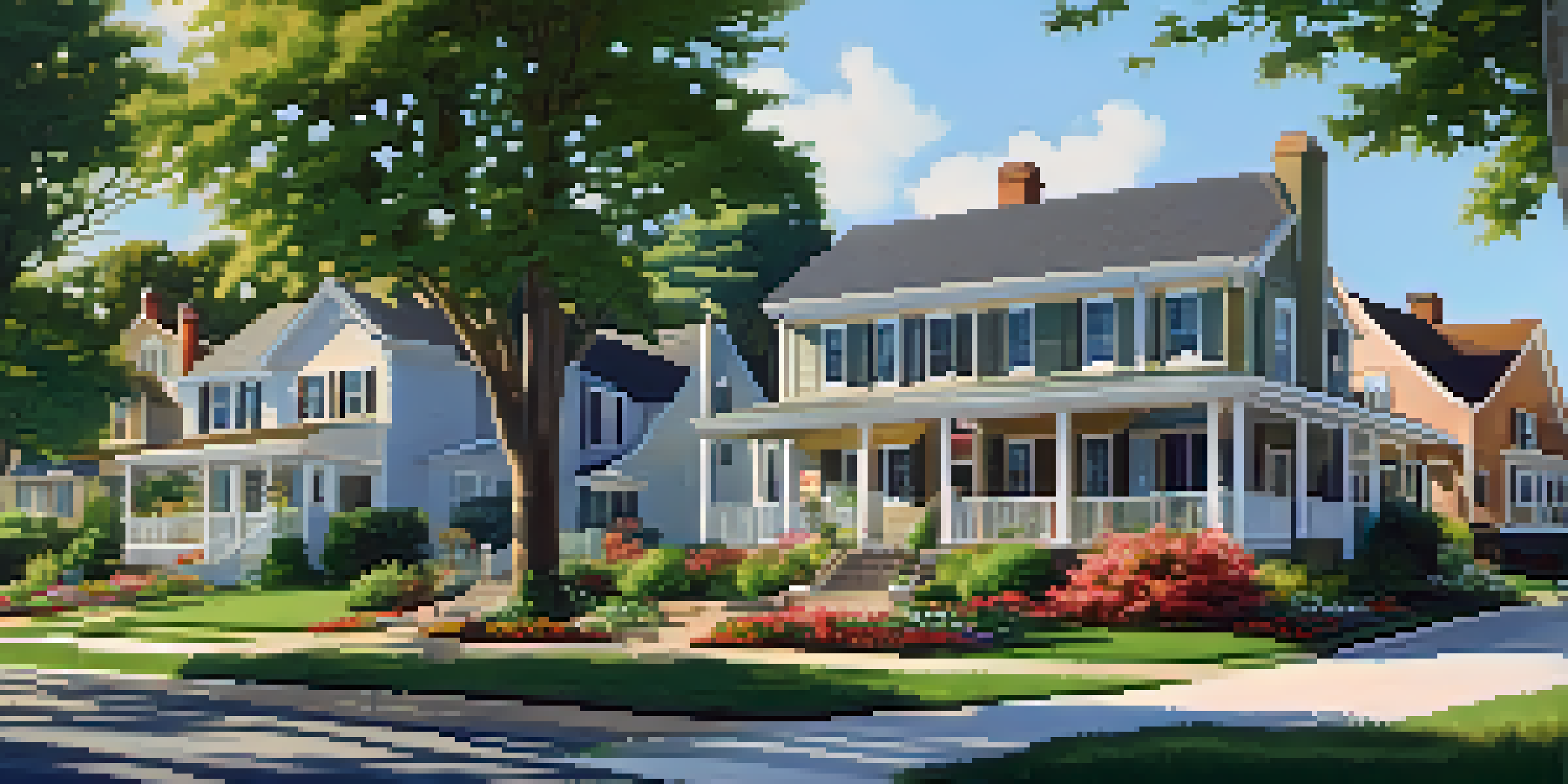 A peaceful suburban neighborhood with well-kept homes, green lawns, and colorful flowers under a blue sky.