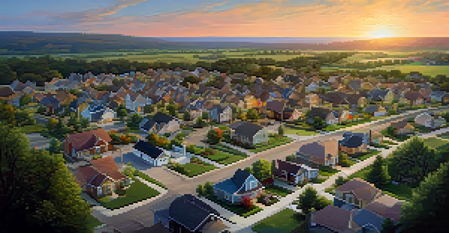 Aerial view of a rural town with new infrastructure, blending traditional homes and new developments under a sunset.