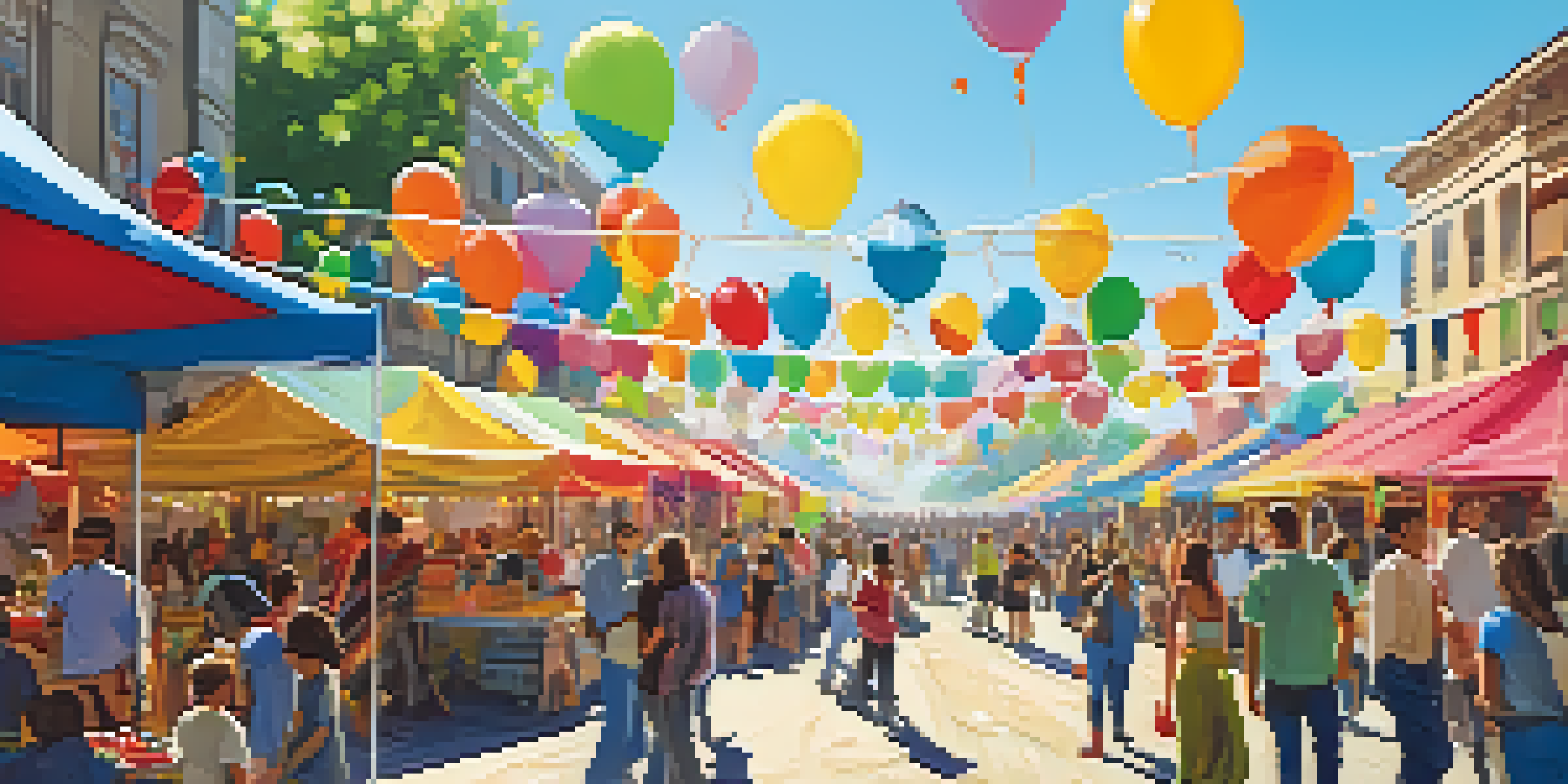 A lively community festival with colorful decorations and people enjoying various activities under a clear sky.