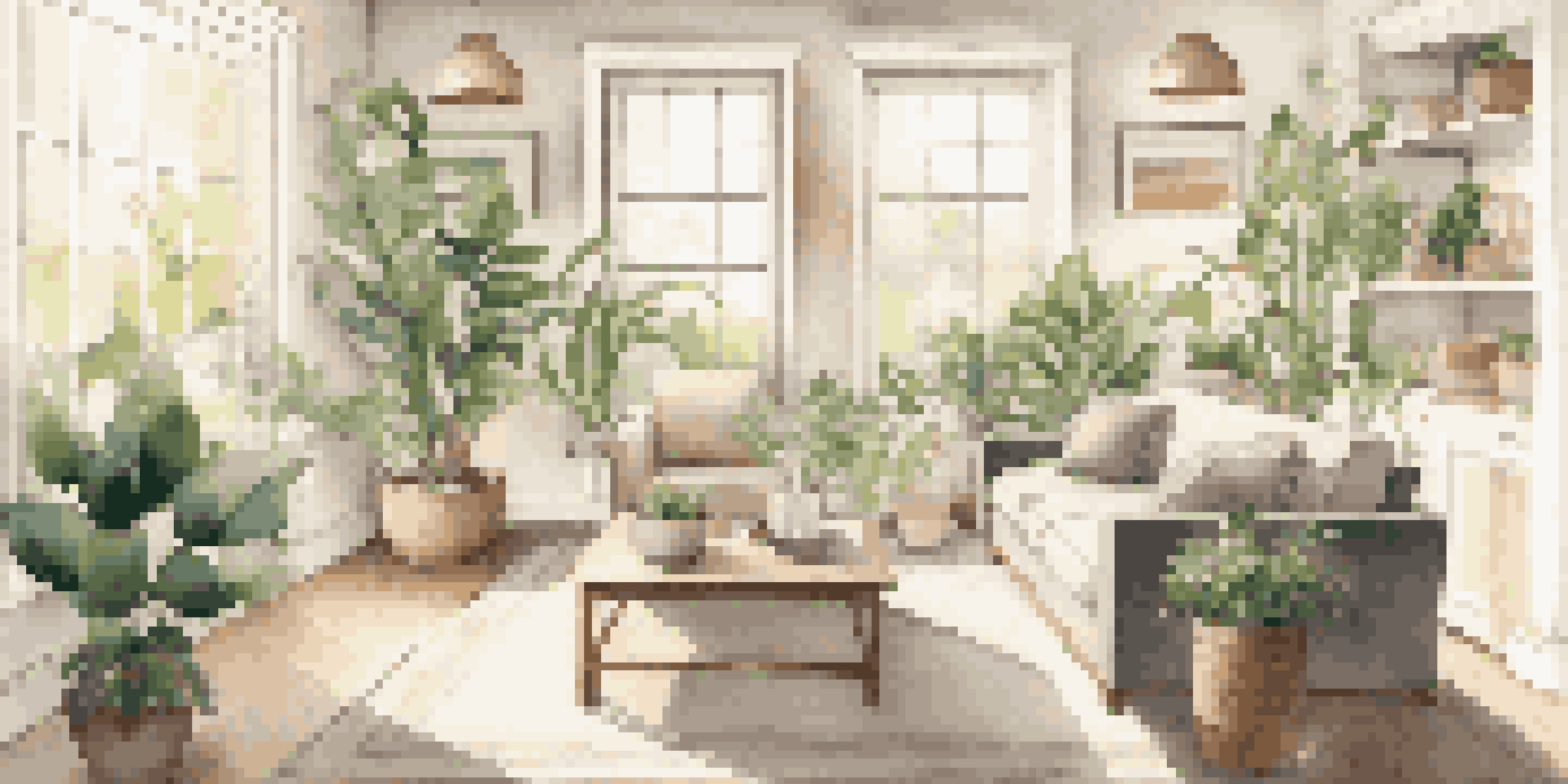 A bright and inviting living room with neutral colors, natural light, and organized furniture.