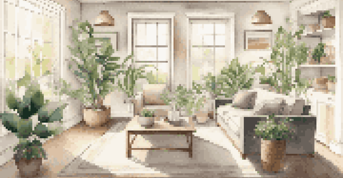 A bright and inviting living room with neutral colors, natural light, and organized furniture.