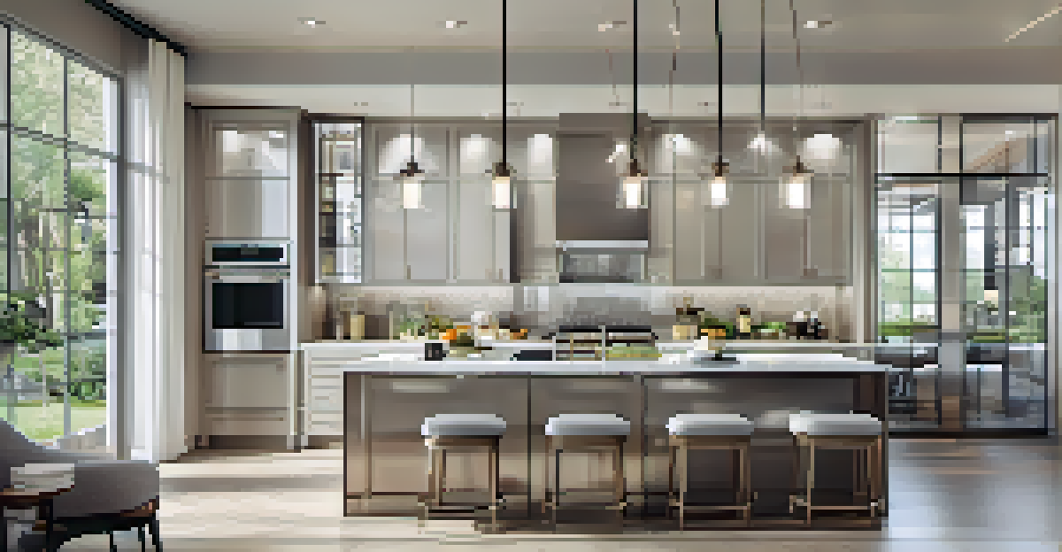 A modern kitchen with a mirrored backsplash reflecting pendant lights and decor, creating a bright and airy atmosphere.