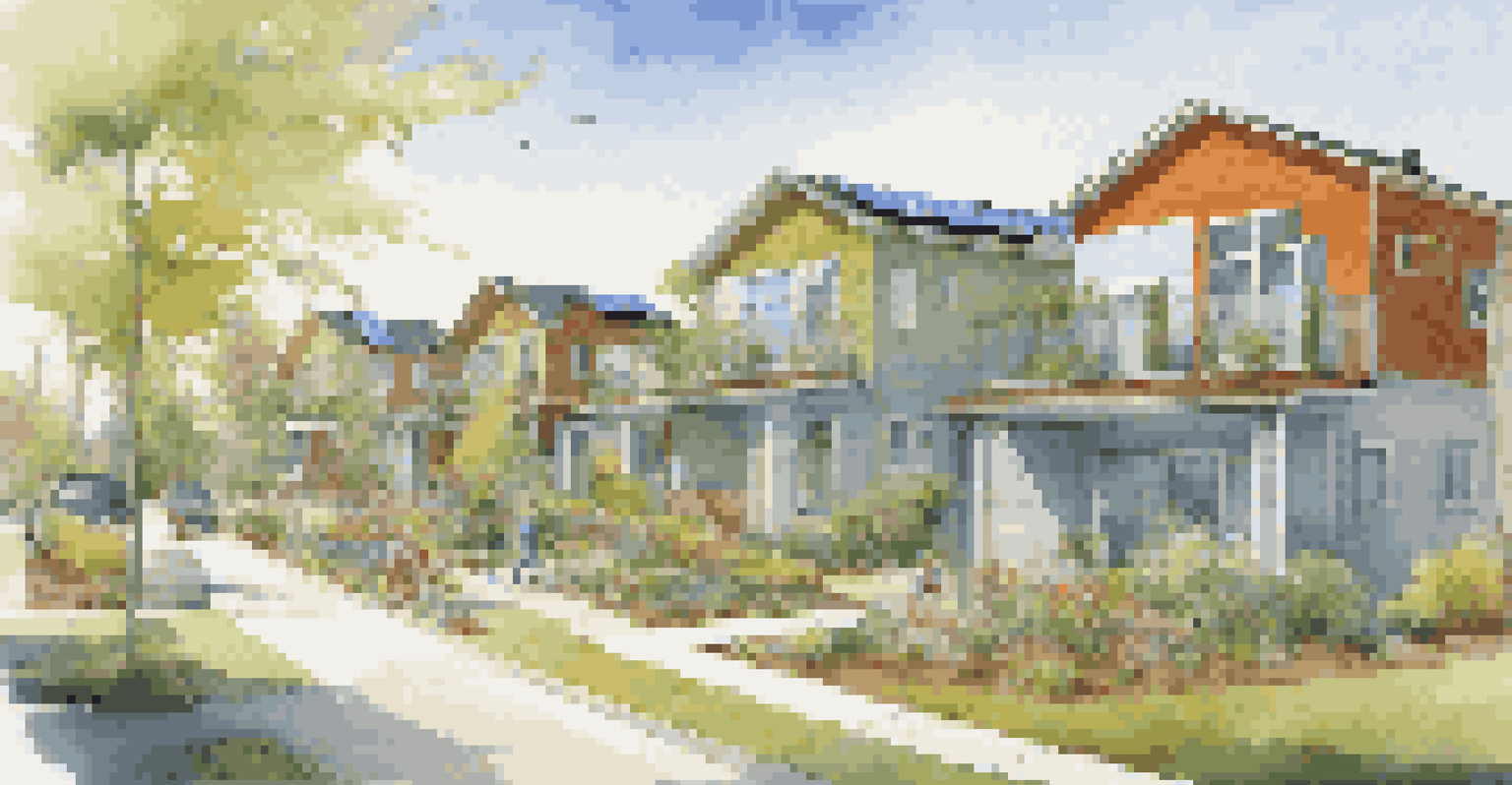 A sustainable neighborhood with energy-efficient homes, solar panels, and children playing outside under a clear blue sky.