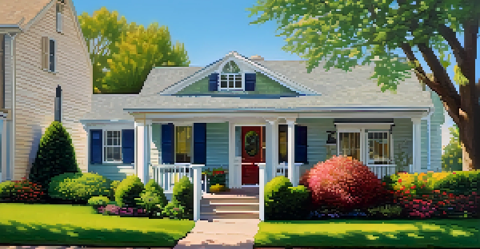 A peaceful suburban neighborhood with houses, green lawns, and a 'For Sale' sign under a blue sky.
