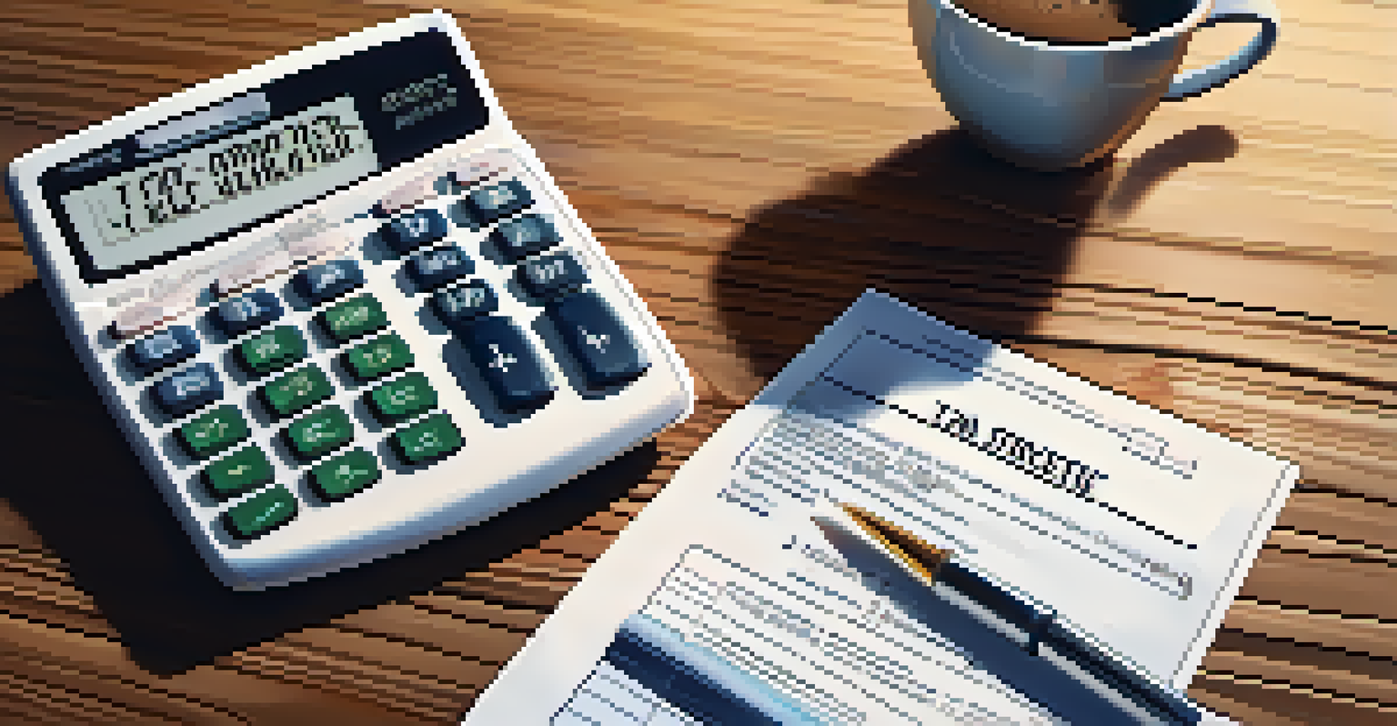A close-up of a calculator and tax documents on a wooden desk, with a cup of coffee, highlighting financial decision-making.