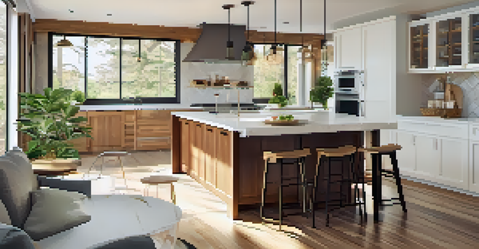 A beautifully renovated modern kitchen with an island, bright windows, and stylish lighting.