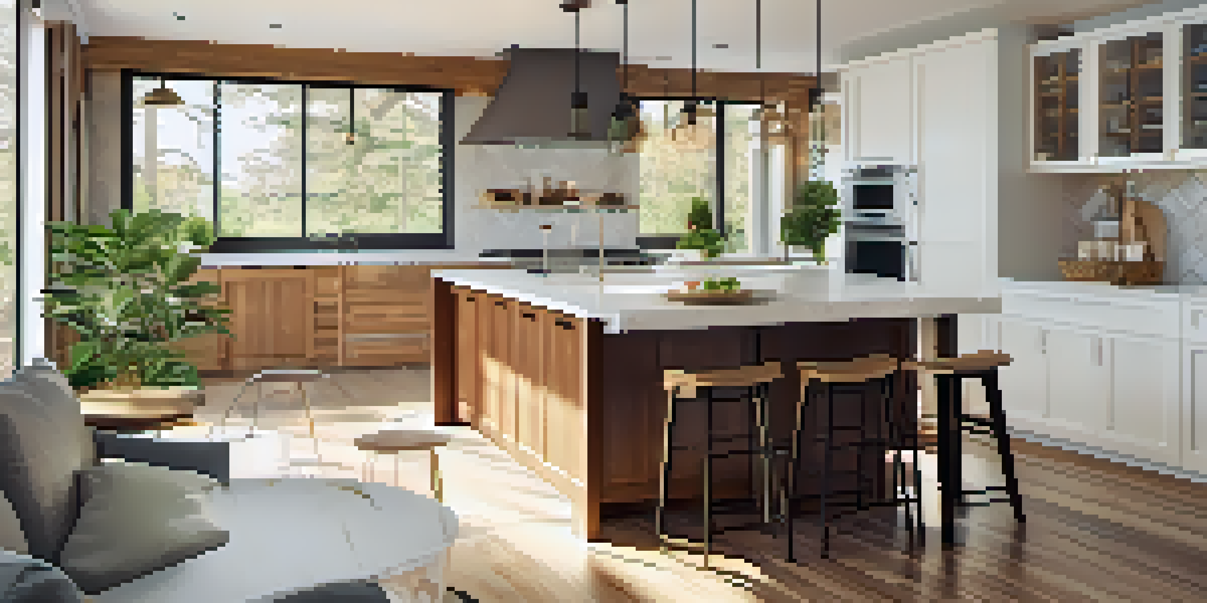 A beautifully renovated modern kitchen with an island, bright windows, and stylish lighting.