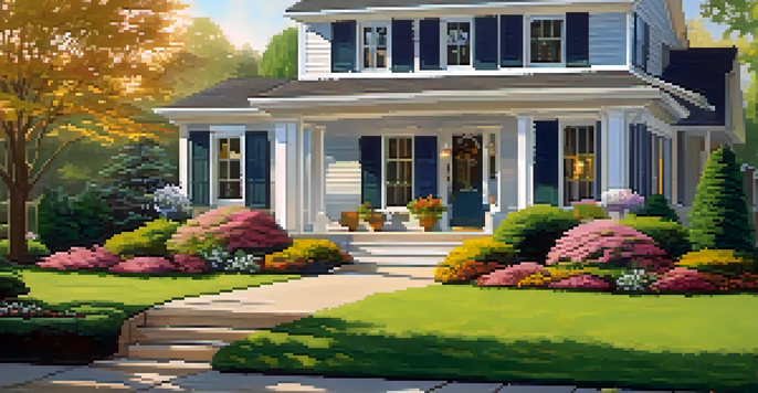 A charming house with a colorful front door and flower beds in a sunny outdoor setting.