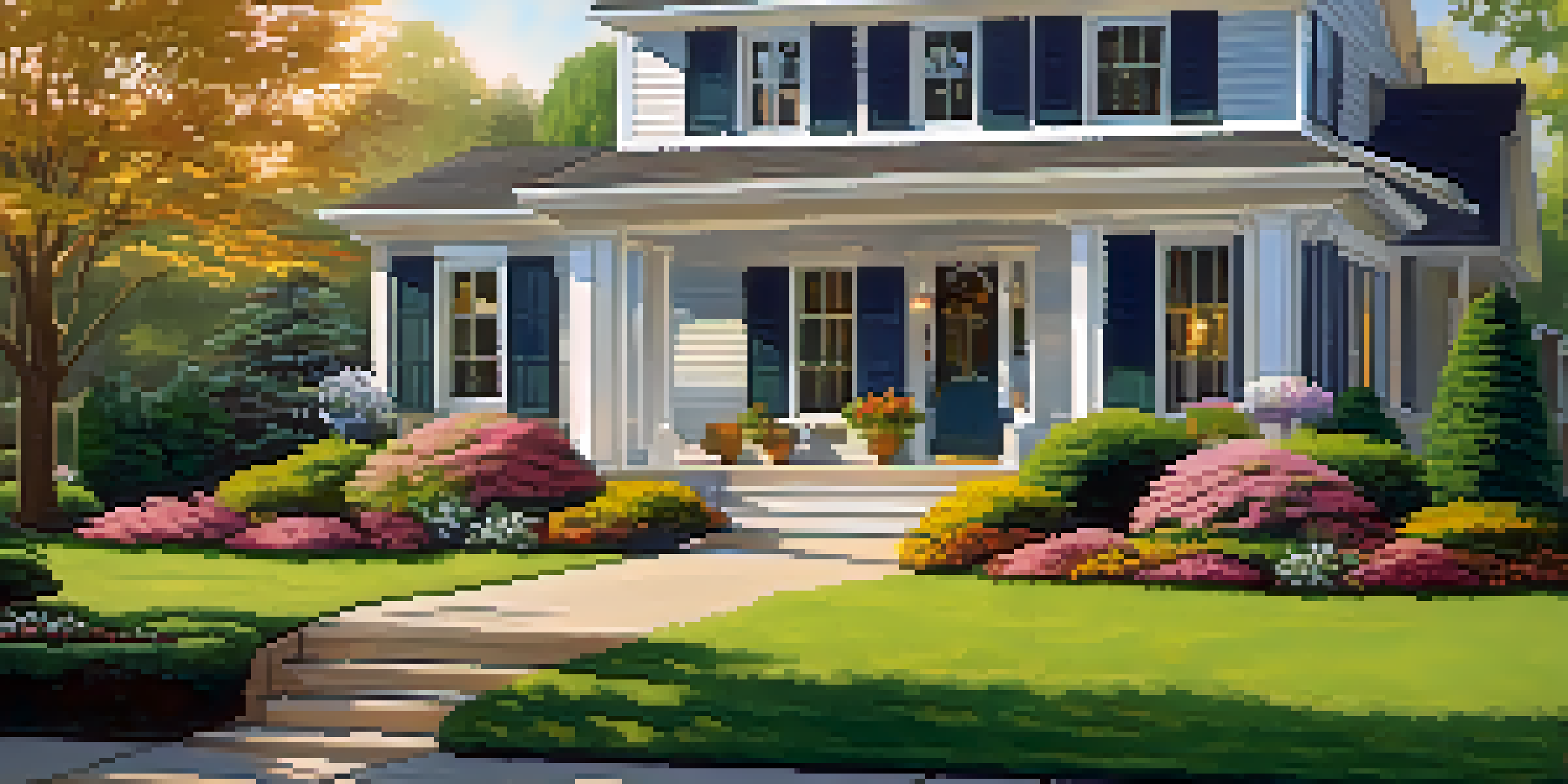 A charming house with a colorful front door and flower beds in a sunny outdoor setting.