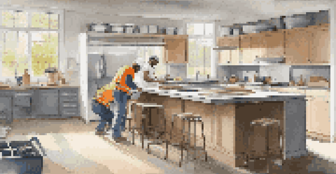 A modern kitchen renovation with workers and materials, showcasing an unfinished space filled with light and tools.