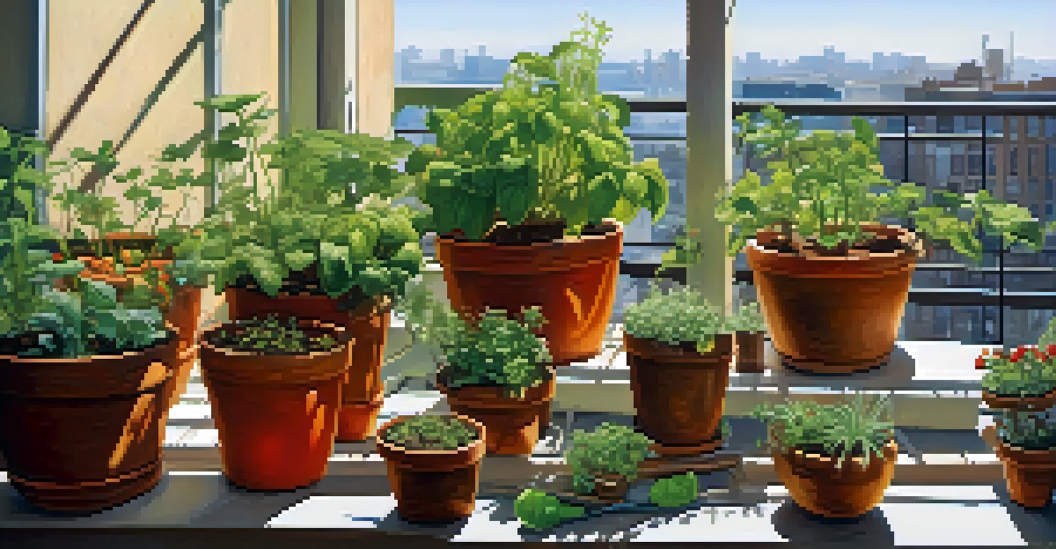 A sunny balcony adorned with creatively arranged container gardens filled with herbs, tomatoes, and peppers, highlighting the beauty of urban gardening.