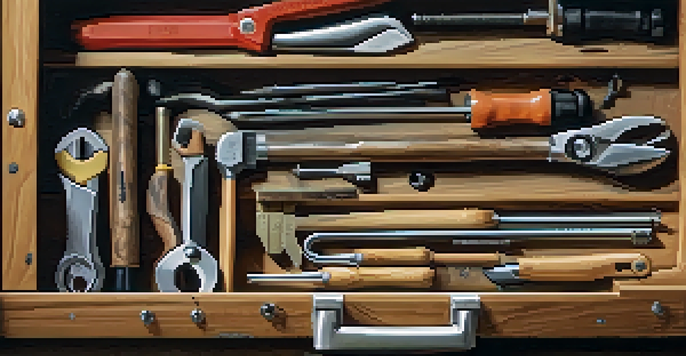 A neat toolbox containing various hand tools on a wooden workbench, illuminated by soft natural light.