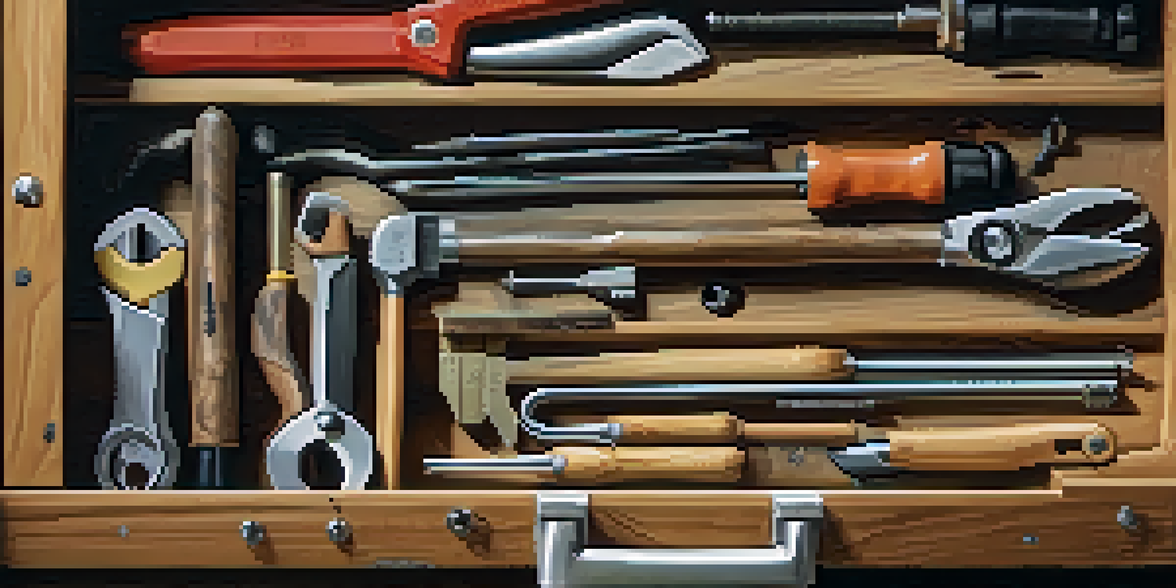 A neat toolbox containing various hand tools on a wooden workbench, illuminated by soft natural light.