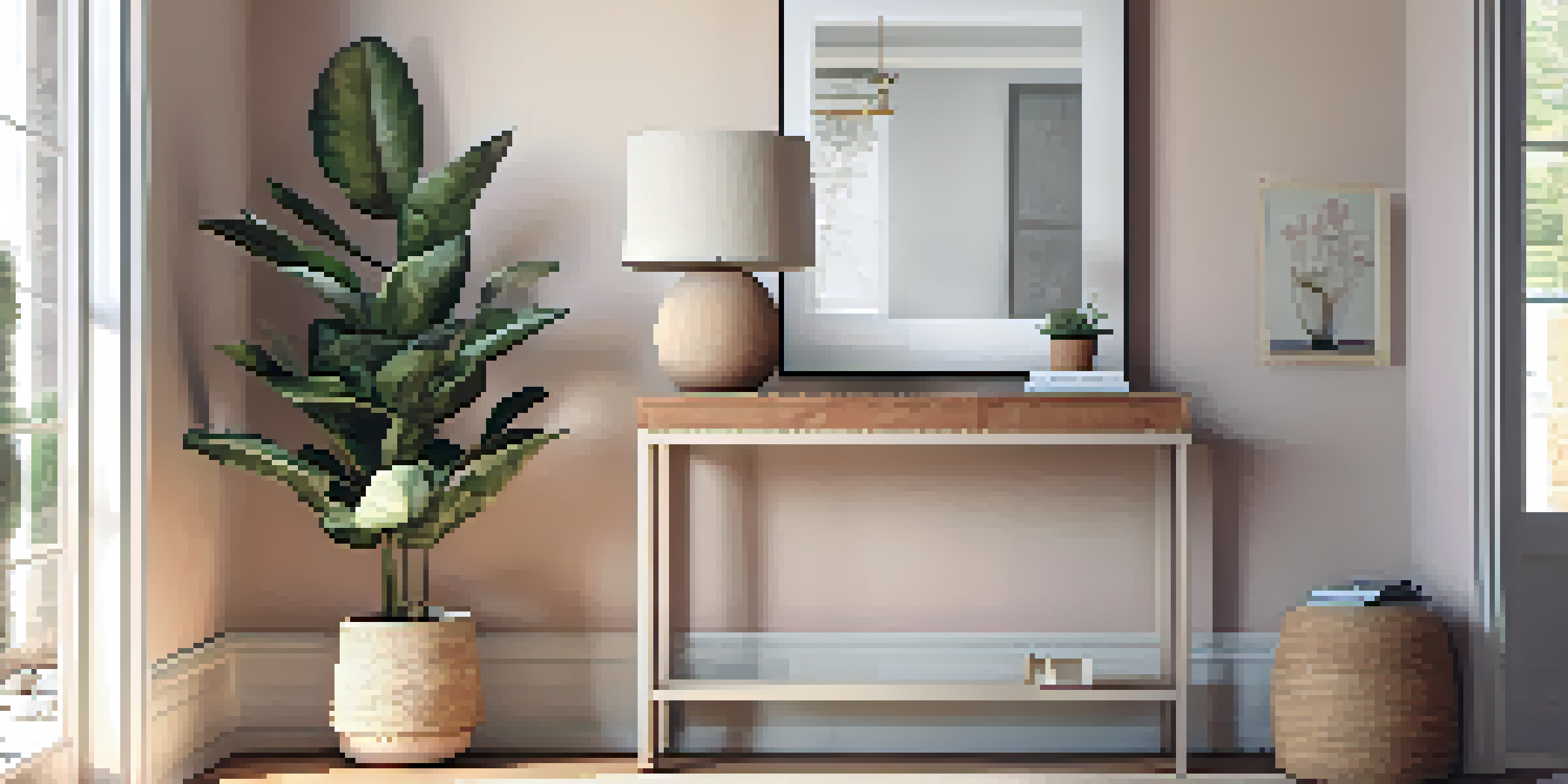 A cozy entryway with a minimalist console table, a potted plant, and a decorative mirror, illuminated by natural light through a window.