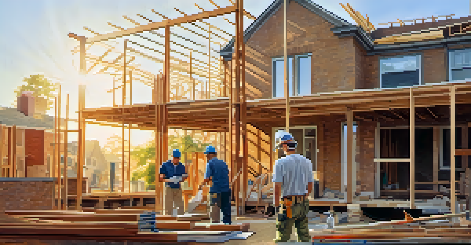 A contractor and homeowner discussing renovation plans at an outdoor construction site, with scaffolding and tools around them.
