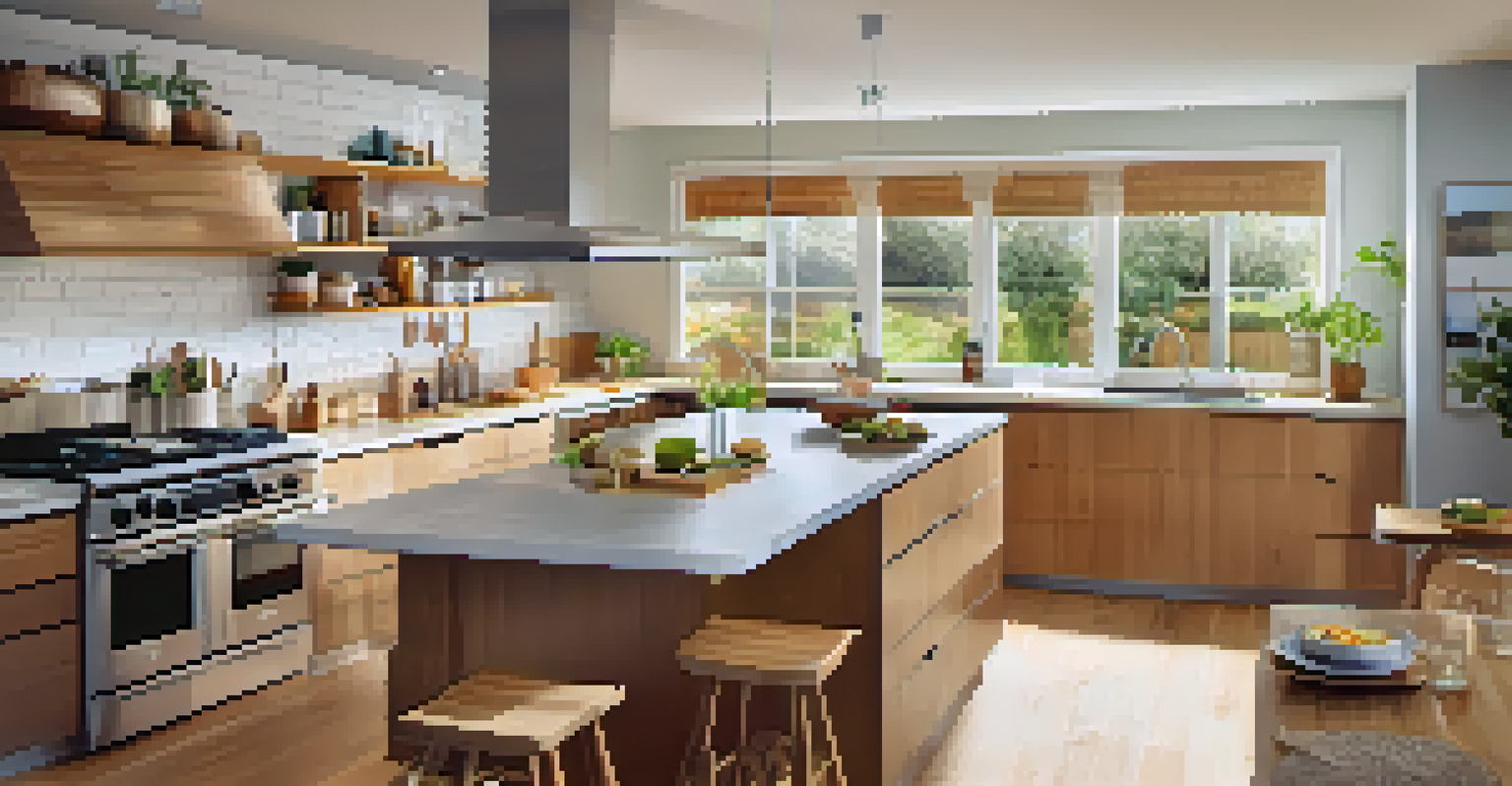 A modern kitchen filled with natural light, featuring family members cooking together, with eco-friendly materials and energy-efficient appliances.