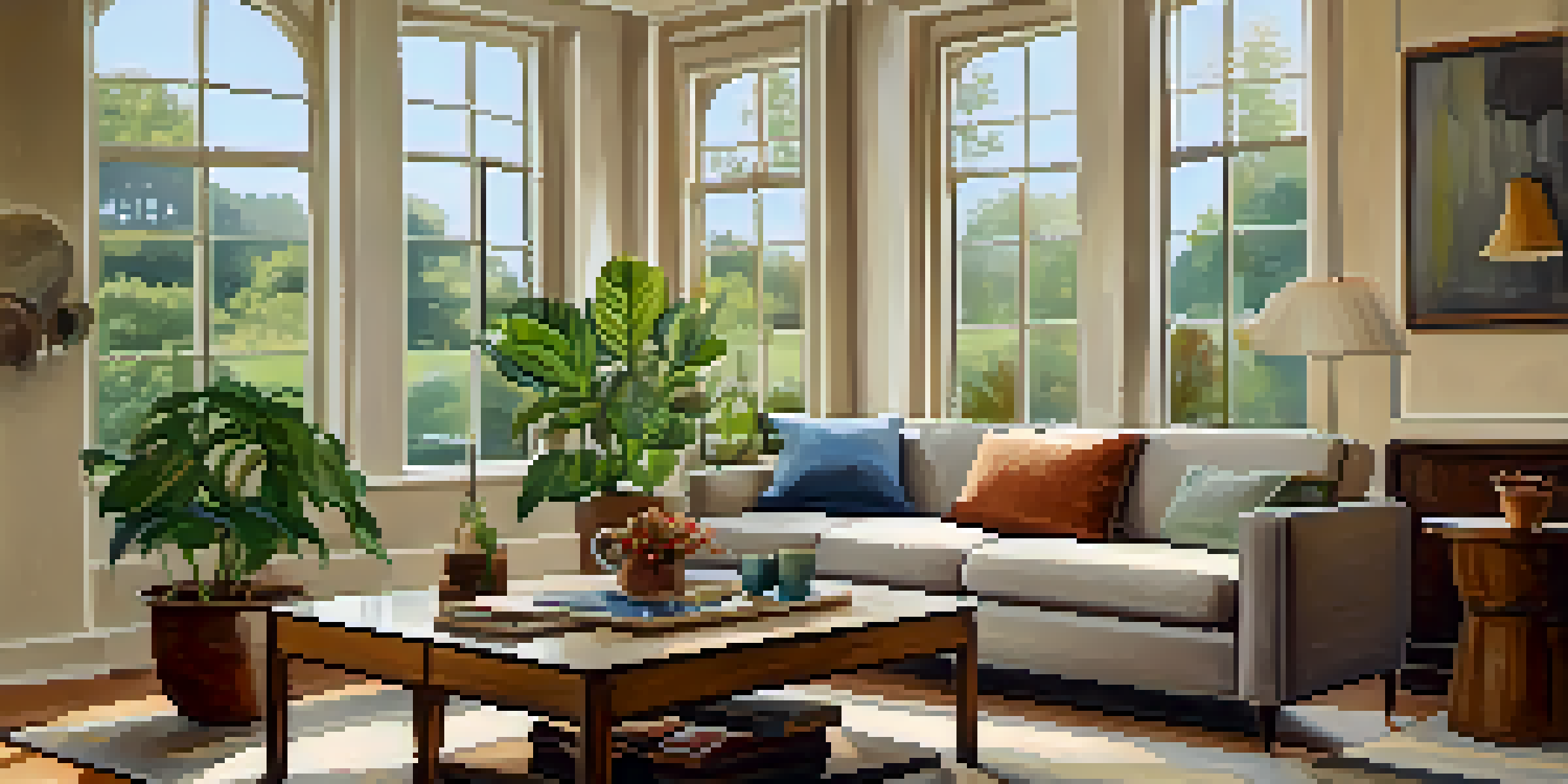 A cozy living room with a comfortable sofa, coffee table, and large window filled with natural light, adorned with indoor plants and framed artwork.