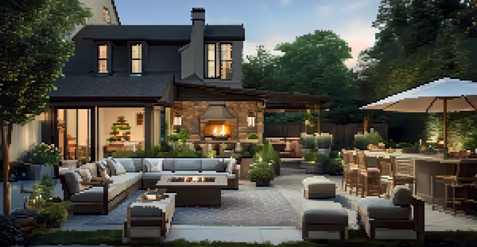 An outdoor living space with a patio, decorated with furniture and surrounded by greenery, illuminated by soft lighting for evening gatherings.