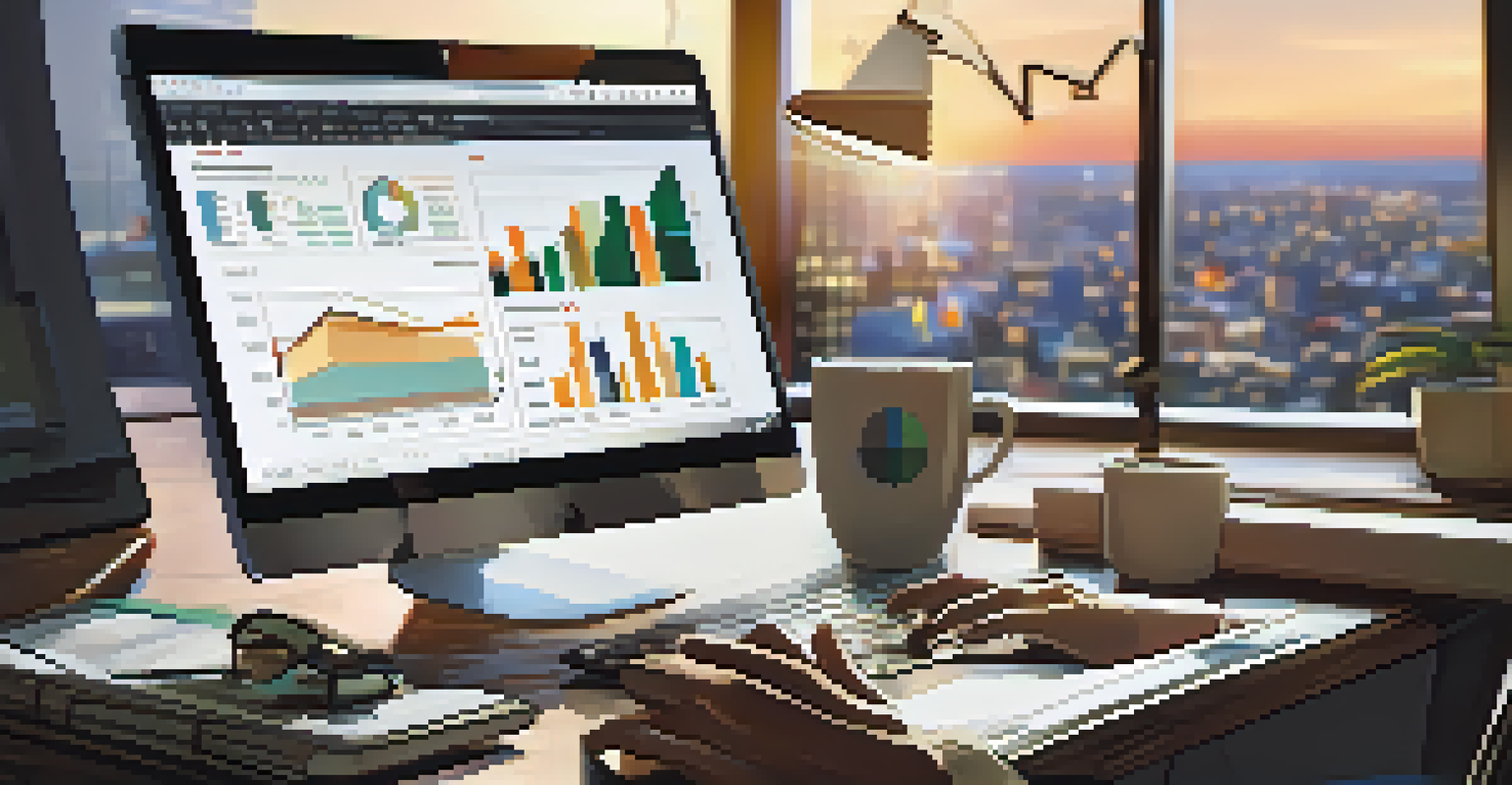 A close-up of hands analyzing real estate market trends on a laptop, with charts and graphs displayed, accompanied by a cup of coffee.