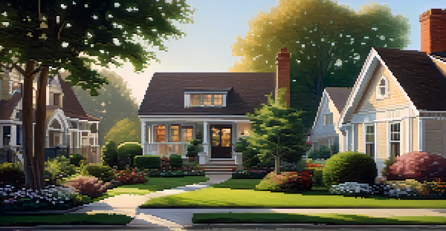 A calm suburban neighborhood with houses, gardens, and children playing in the evening light.