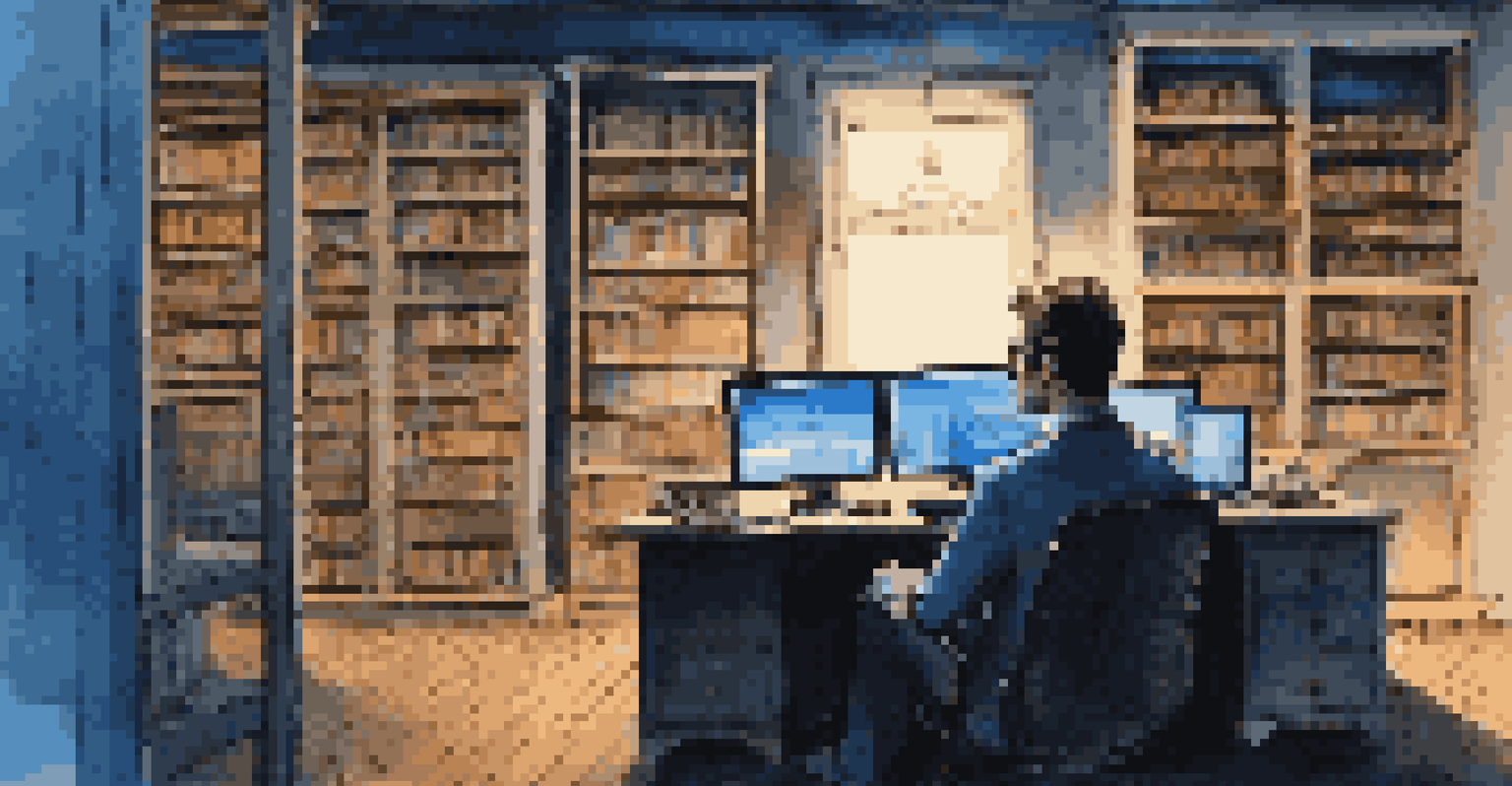 An investor in a dimly lit room, studying a computer screen showing a crowdfunding platform for real estate investments.