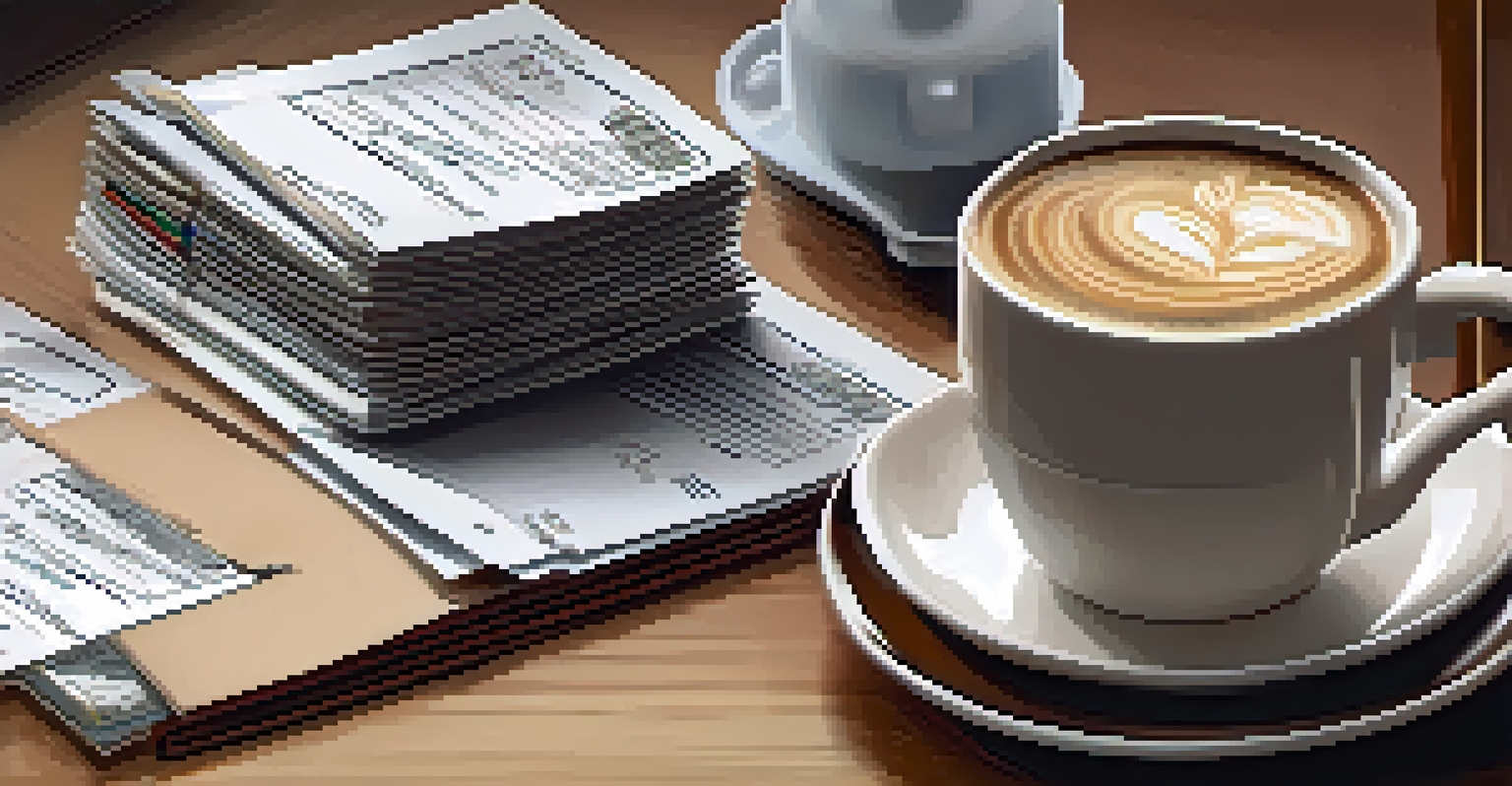 A stack of receipts on a wooden table with a pen and a cup of coffee, representing the documentation of expenses.