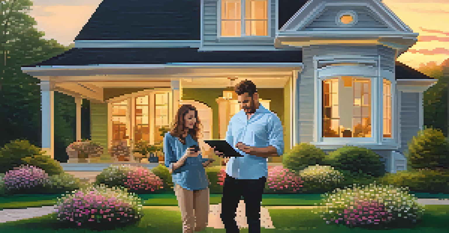 A couple in front of a house during sunset, discussing mortgage options using a tablet. The scene is vibrant with flowers and green grass.