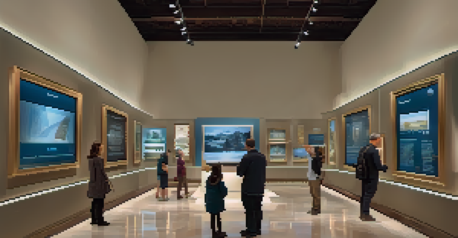 An interactive museum exhibit with ancient artifacts in glass cases and visitors using touchscreens to explore.