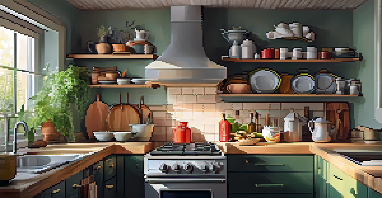A tidy kitchen with organized shelves, a fire extinguisher on the wall, and natural light coming through the window, creating a safe environment.