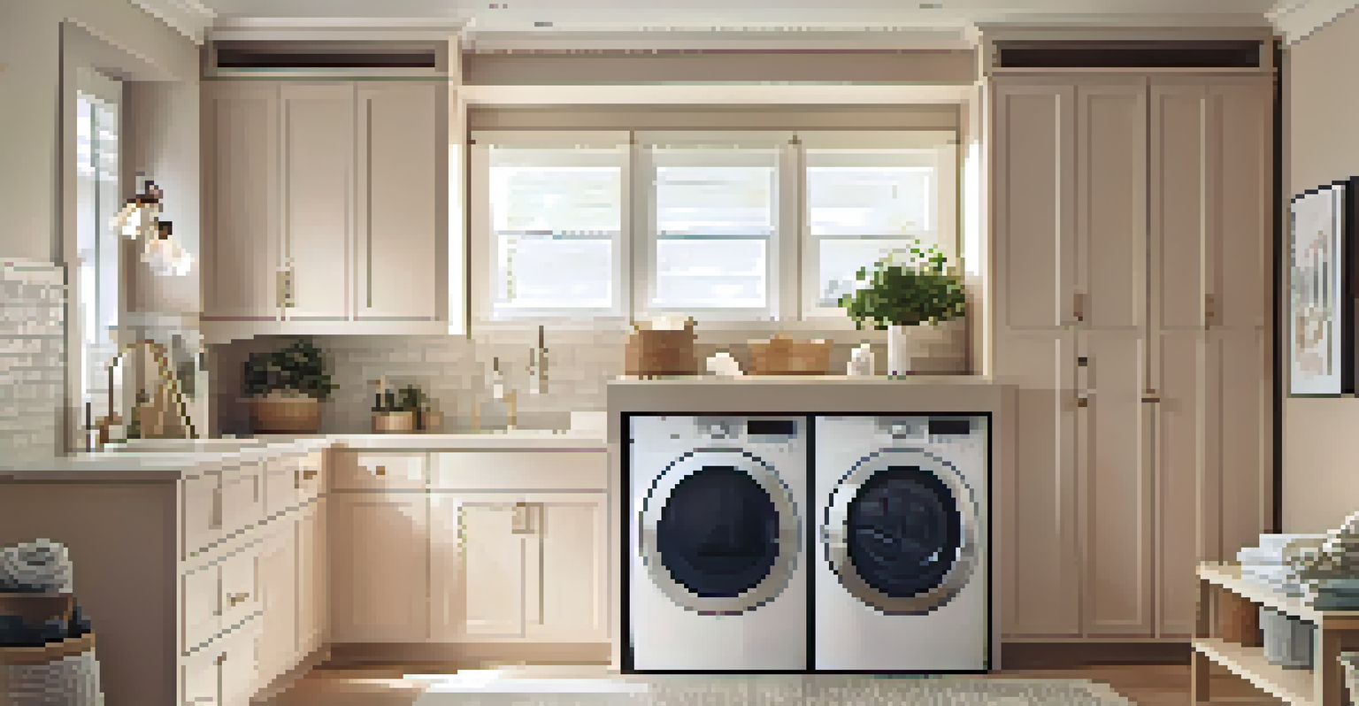 A laundry room with hidden storage solutions, including cabinets, an over-the-door organizer, and a rolling cart, illuminated by warm lighting.