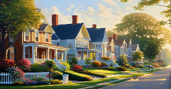 A peaceful suburban neighborhood at sunrise with charming houses, flower beds, and trees, featuring a family on the porch and a couple jogging.