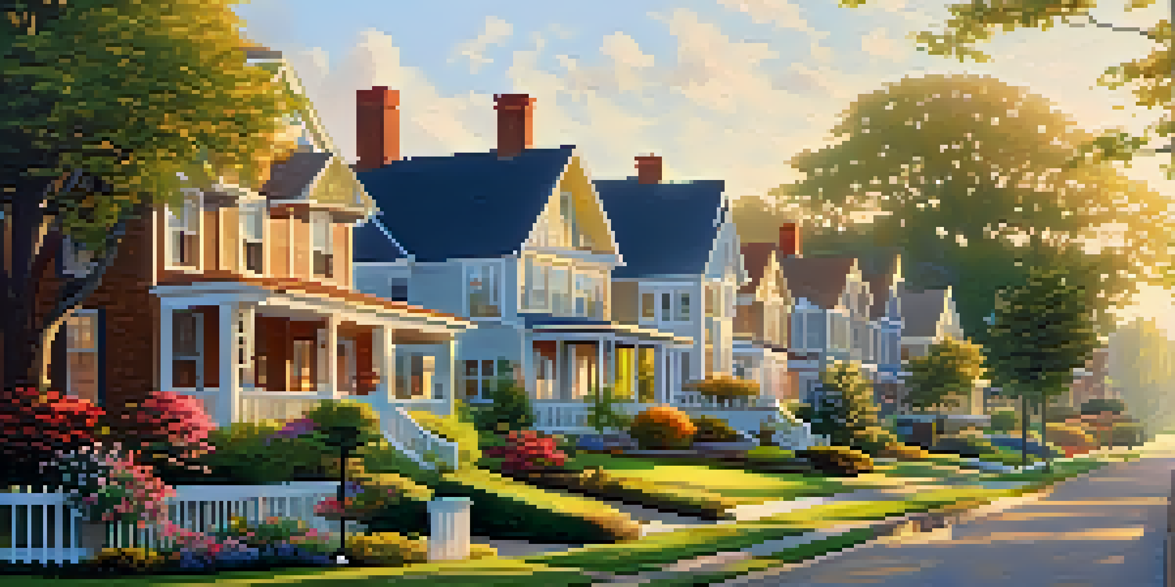 A peaceful suburban neighborhood at sunrise with charming houses, flower beds, and trees, featuring a family on the porch and a couple jogging.