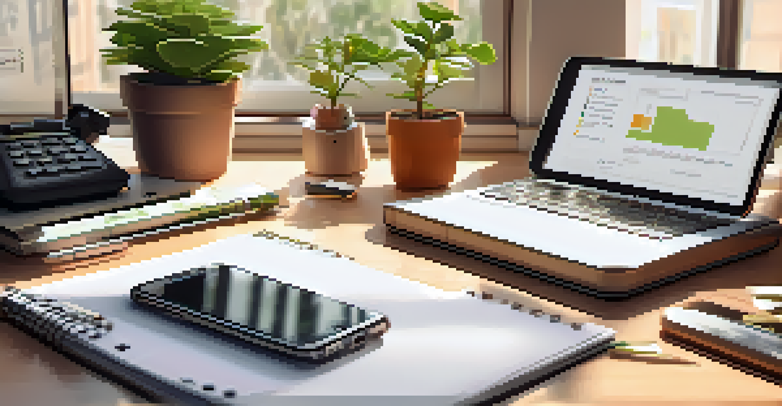 An organized desk featuring a notepad with follow-up strategies, a smartphone, and a potted plant.