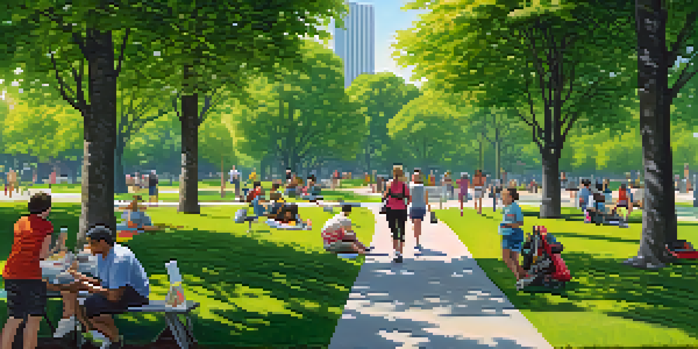 A lively urban park with people of different backgrounds enjoying outdoor activities, surrounded by greenery and a modern city skyline.