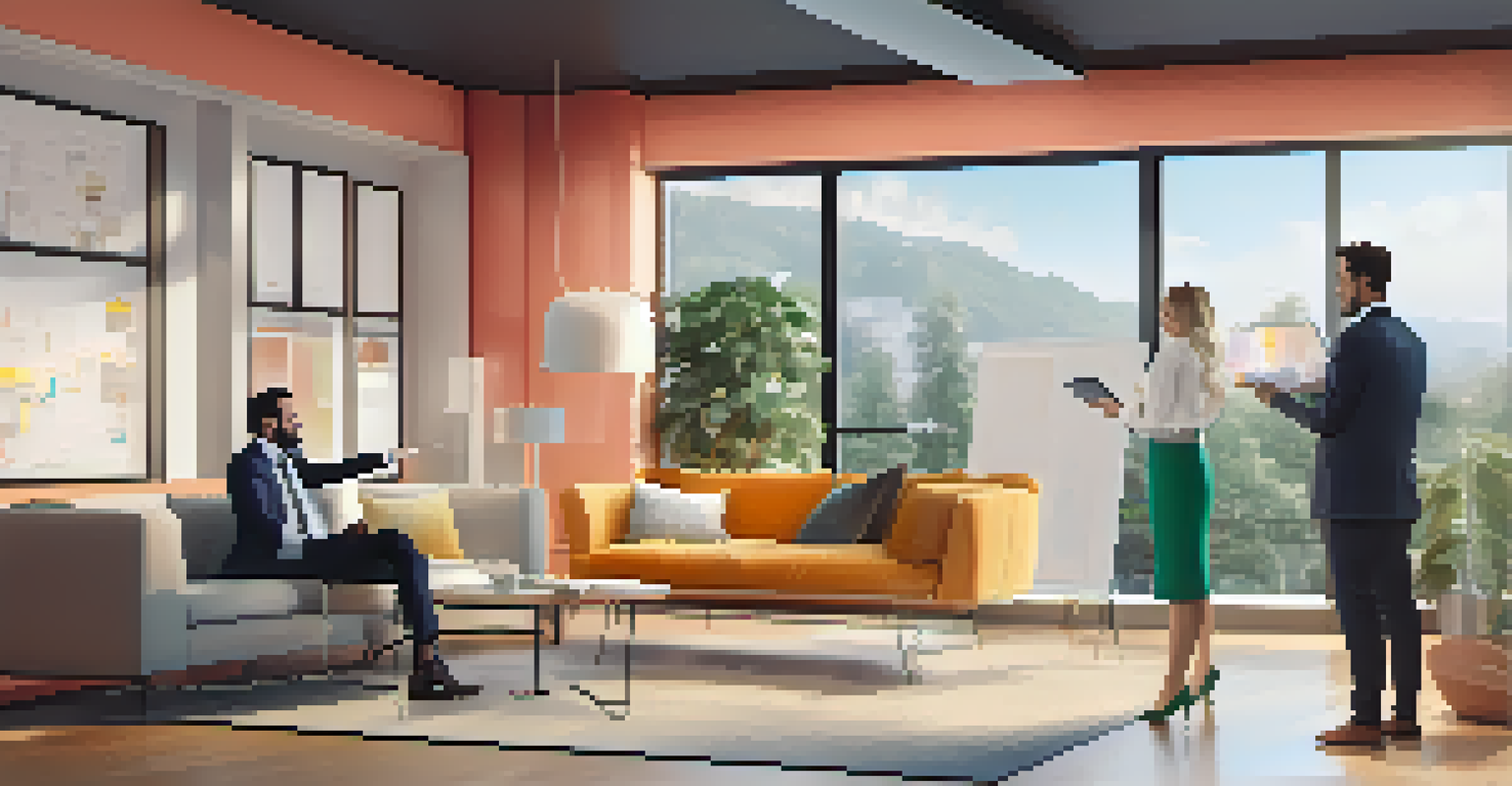 A real estate agent showing a virtual tour on a laptop to an interested couple in a modern office setting.