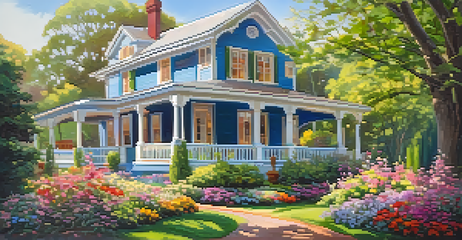 A picturesque home surrounded by a vibrant garden filled with colorful flowers and a welcoming porch with rocking chairs.
