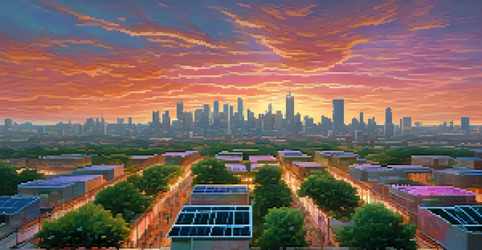A city skyline at sunset with solar panels and green spaces among modern buildings.