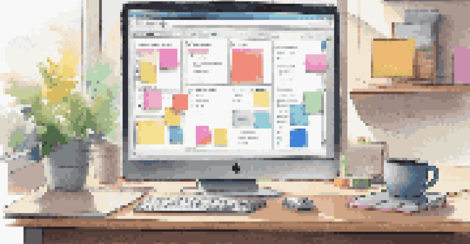A computer screen showing a task management app with an organized desk featuring coffee, notepad, and sticky notes.