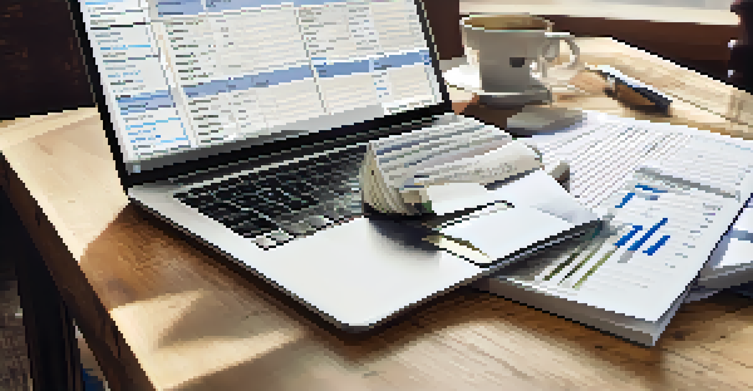 A laptop displaying a spreadsheet of real estate offers, with a coffee cup and notepad on a wooden table.
